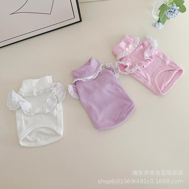 米法亚宠物猫狗衣服春秋蕾丝飞袖蝴蝶结珍珠纯棉针织罗纹打底衫