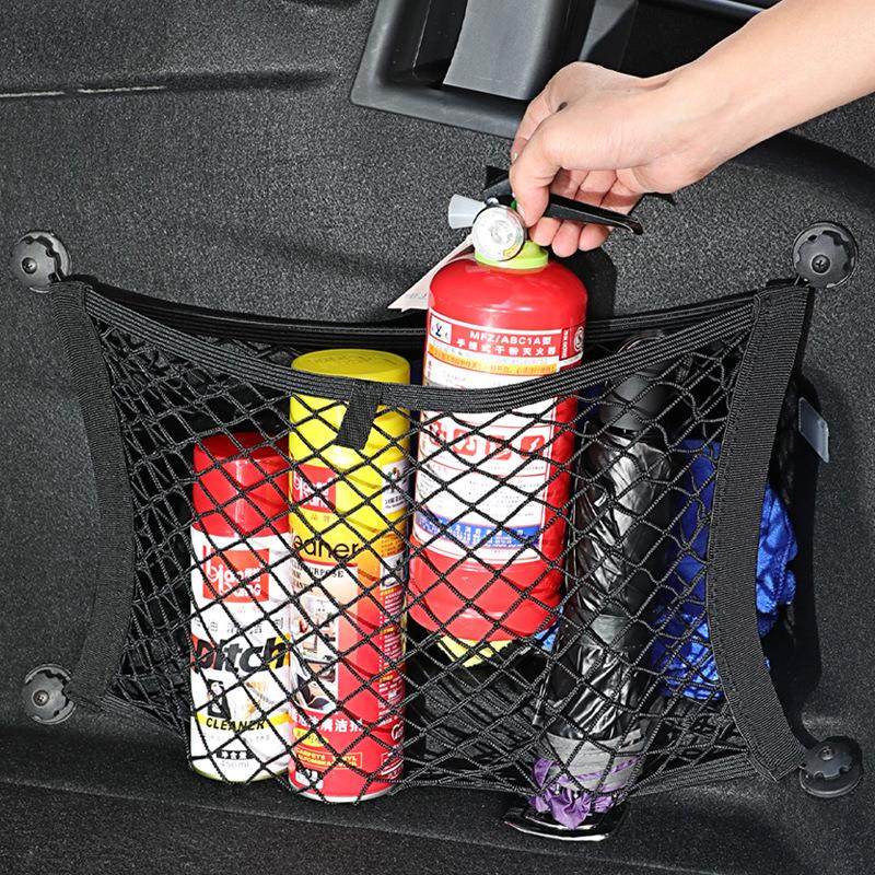 汽车储物弹力网兜车内用品后备箱侧边收纳置物袋车载灭火器固定架
