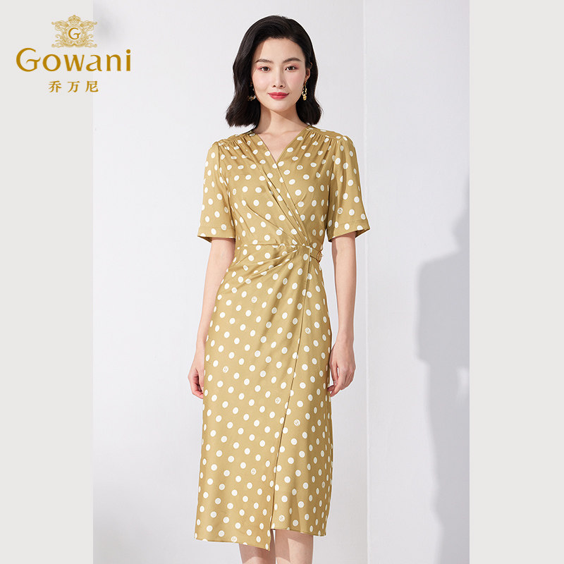 乔万尼真丝连衣裙2025新款女19mm重磅桑蚕丝V领波点裙ET2E246403