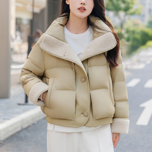 女款羽绒服2025新款撞色羊羔毛时尚拼接显瘦防风拉链暗扣防风保暖