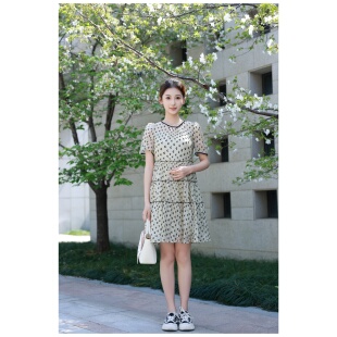 夏日会在晚餐后天丝面料撞色植绒爱心凉爽飘逸气质中长款显瘦短袖