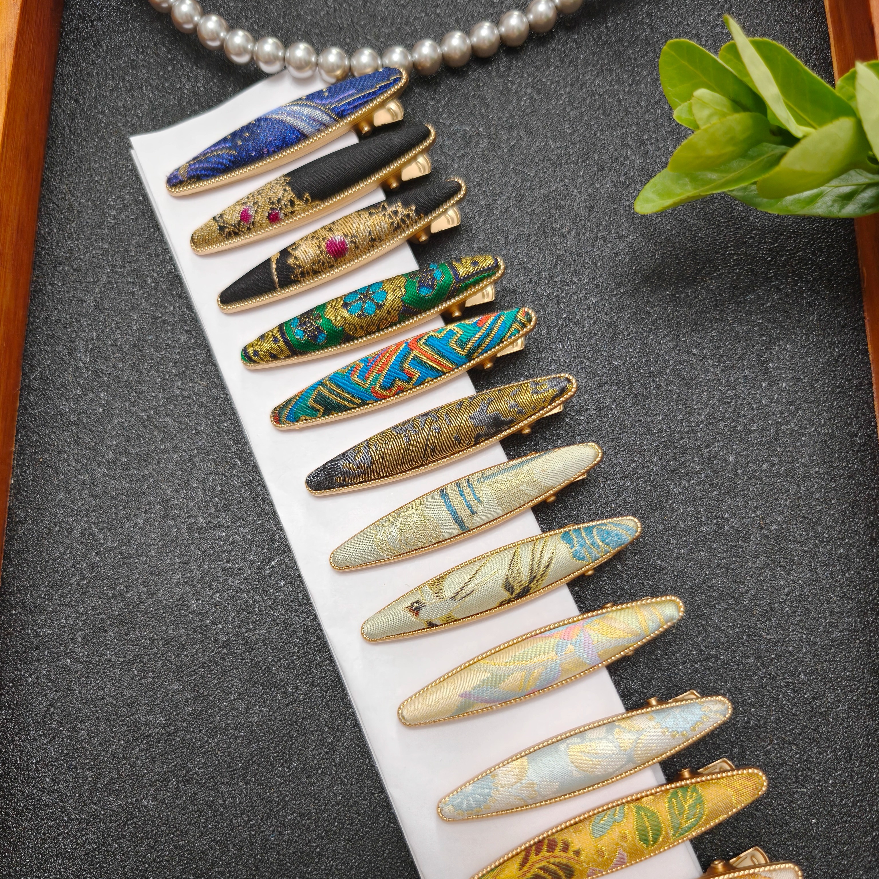 非遗名家宋锦手工发夹细柳叶夹边夹细椭圆国风新中式