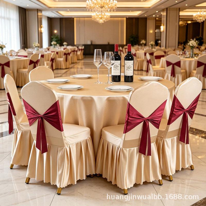 档贡缎圆桌布椅套套装 酒店宴会婚庆餐厅轻奢防水防油桌布椅罩