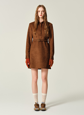 JENDES复古做旧 高级质感麂皮绒连衣裙女POLO领短裙