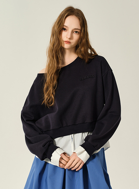 JENDES别致异想 秋季假两件套头卫衣女士一字肩美式宽松休闲上衣