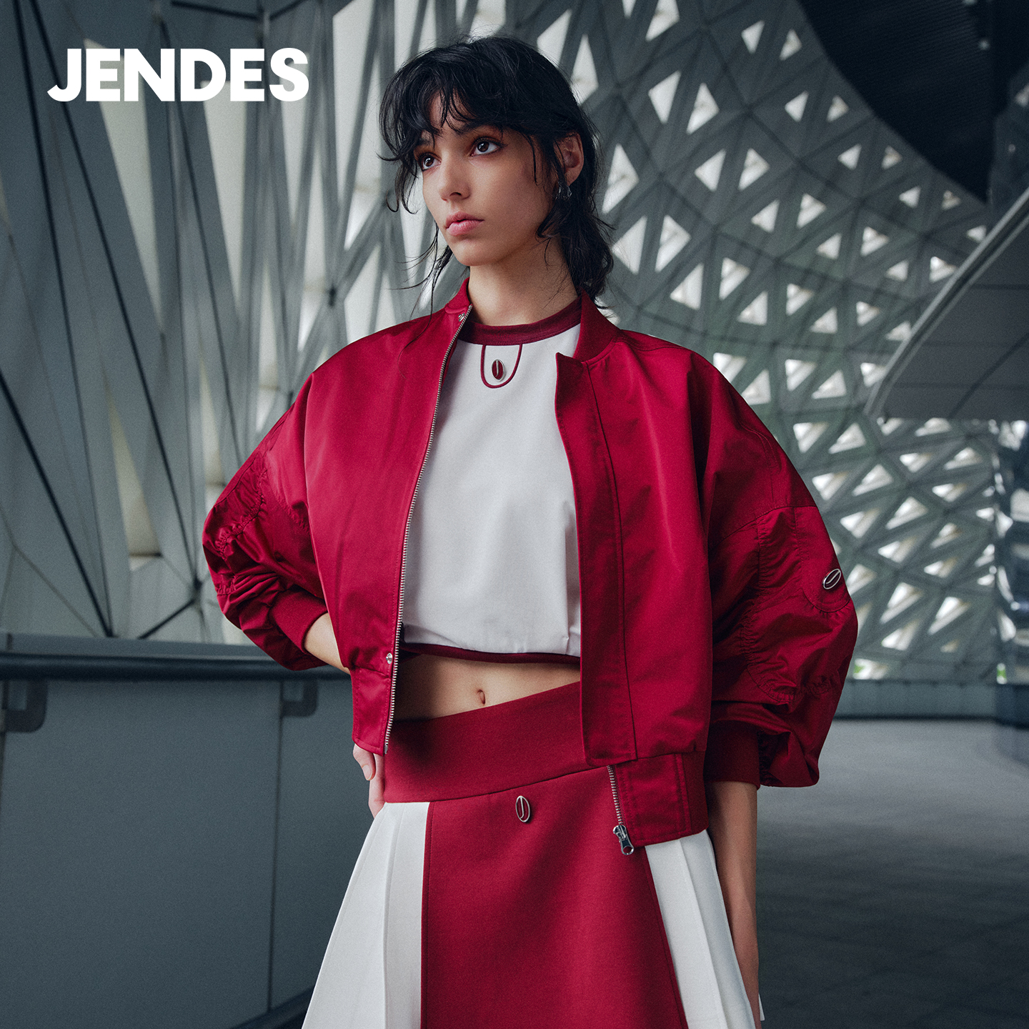 JENDES 「ALL RED」 安哥拉红飞行员外套女士短款宽松夹克上衣