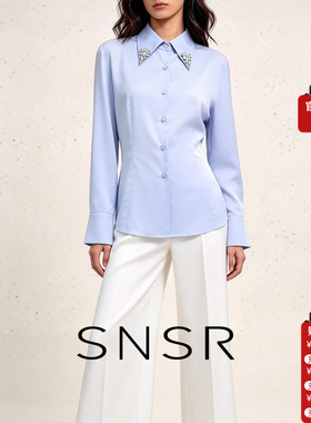 SNSR圣妮思2026春季收腰衬衫女蓝色翻领长袖修身立体剪裁上衣