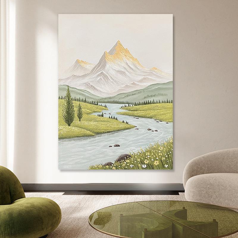 手绘油画客厅装饰画立体山水画入户玄关走廊壁画侘寂风手绘肌理画图片