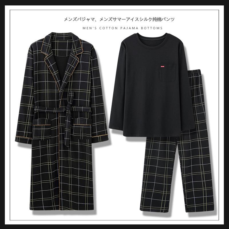 春秋款睡衣男士睡袍棉质长袖家居服大码中长款浴袍三件套装可外穿