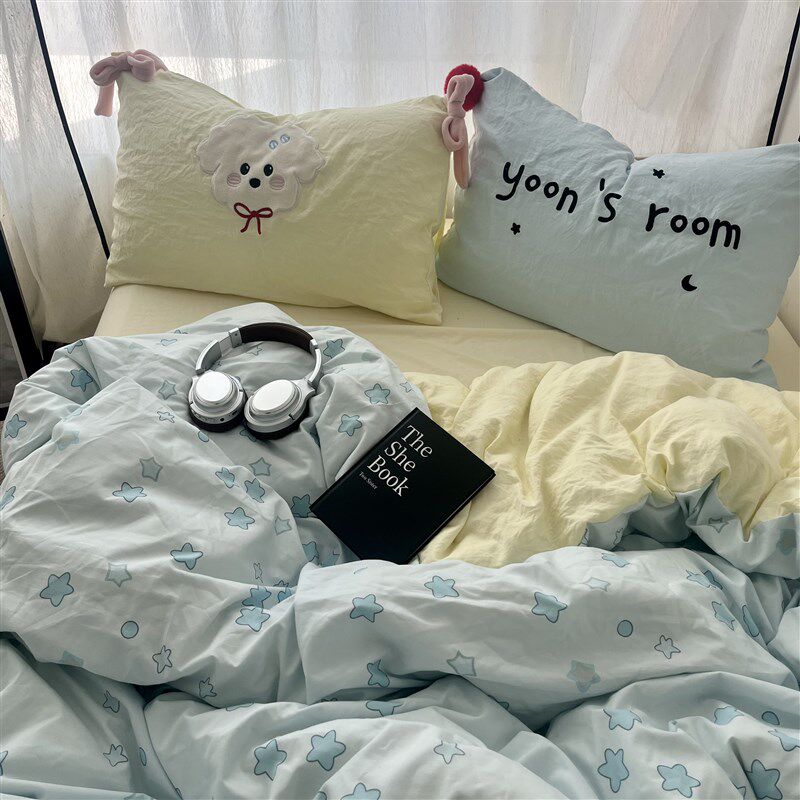 韩系少女软萌狗j狗贴布绣水洗棉四件套毛球球被套学生床单三件套