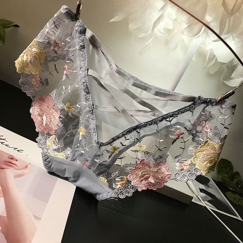 三送一刺绣花性感网纱蕾r丝内裤女士中腰后镂空绑带透明透视三角
