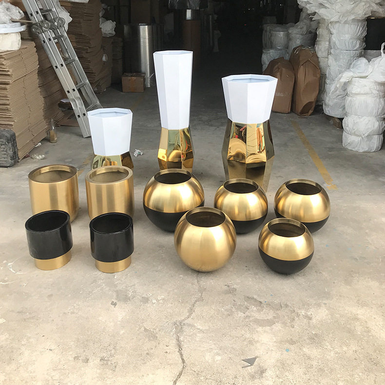镜面拉丝不锈钢花盆金属大花器商业美陈酒店别墅庭院花箱组合