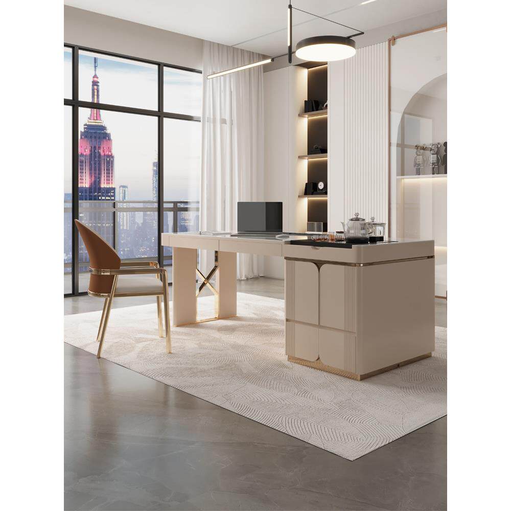 轻奢岩板茶桌书桌一体两用现代书房洽谈办公电脑桌电动升降泡茶台