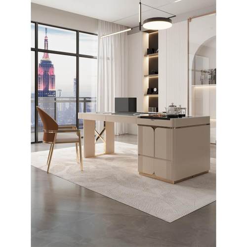 轻奢岩板茶桌书桌一体两用现代书房洽谈办公电脑桌电动升降泡茶台