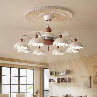 宋氏美学客厅灯风扇吊灯中古风胡桃色印花布艺卧室餐厅隐形风扇灯