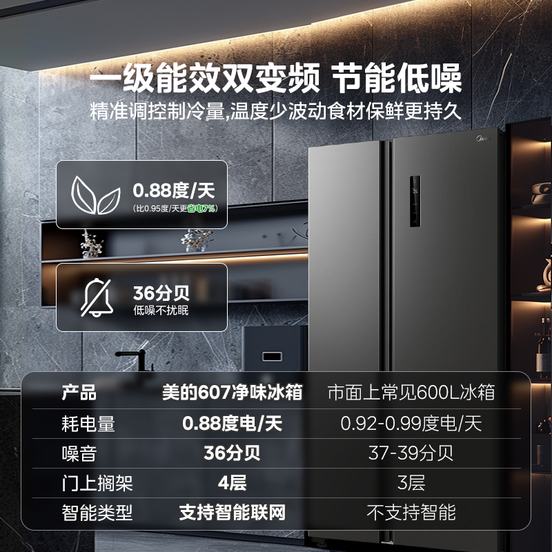 美的607L对开双门大容量一级双变频超薄嵌入式风冷无霜家用电冰箱