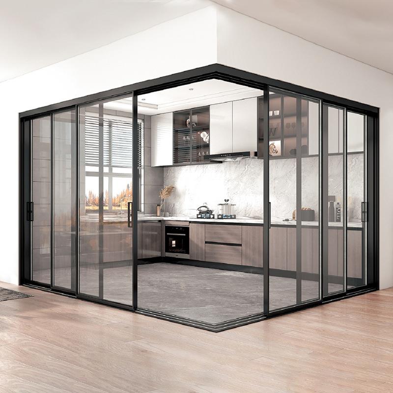 厨房推拉三联动门极窄边框形隐吊轨玻璃310隔断卫生间移门20新25