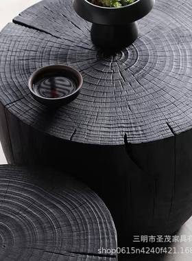 诧寂炭烧黑色风木墩CME原木碳几化客厅沙发实木边几创意树茶桩圆