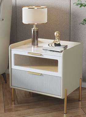 木岩板床头柜QOA代简约储物柜实型轻奢卧现室床边小置物柜极简床