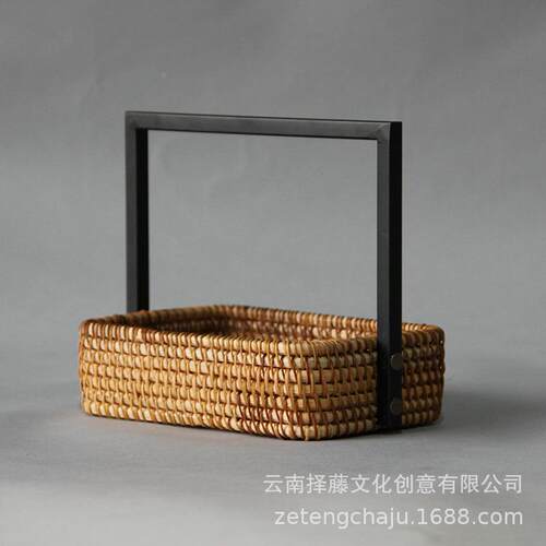 南藤手工编艺制茶具秋收纳篮铁越提手TY10收纳筐中式复古水果托盘