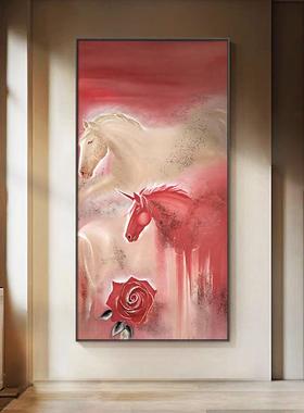 红色瑰骏玄关走廊装式EFS饰画法玫浪马漫竖版壁画流沙感入户过道
