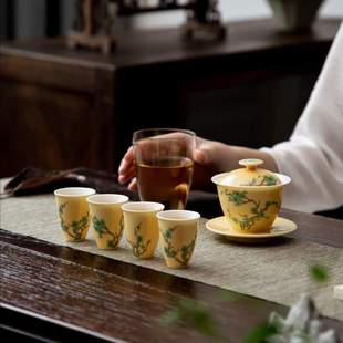 绿梅黄釉  法翠釉小团菊茶具套装陶瓷家用瓷盖碗中式
