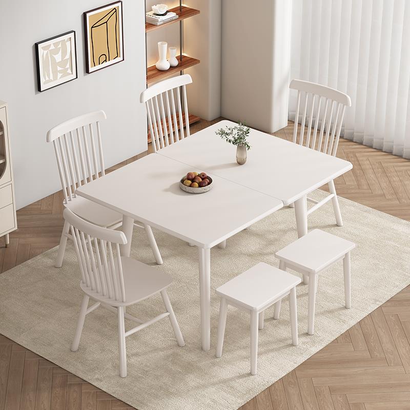 I奶油风餐岩板折叠餐家用小户桌型L奶油风现代简伸约缩实木餐桌椅