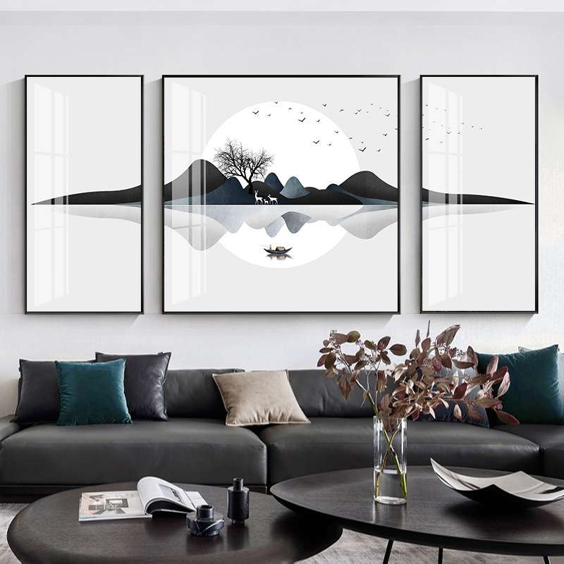 大气客厅装饰画现代简约沙发背景挂画山水轻奢墙画水墨山河三联画