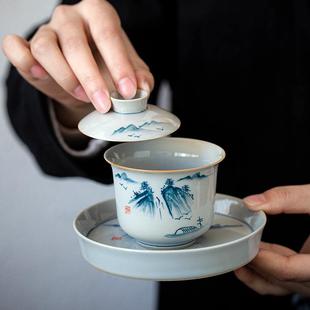 草木灰雀心手绘荷花盖碗功夫茶具家用泡茶杯三才碗茶器单个带盖不