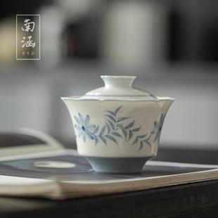 南涵手绘釉下彩玉瓷盖碗椿花秋瑞青花功夫茶具白瓷家用花边口茶碗