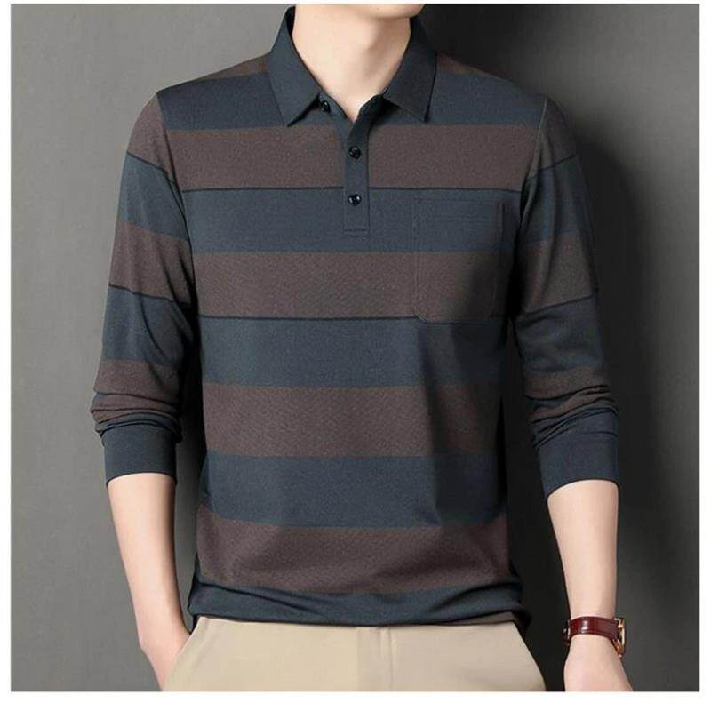 东大路男士长袖休闲夏季薄款翻领POLO打底条纹真口袋大码时