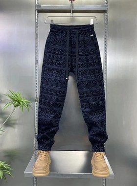 凯登鹿轻奢新款国风植绒加厚加绒防风保暖商务休闲男士裤子