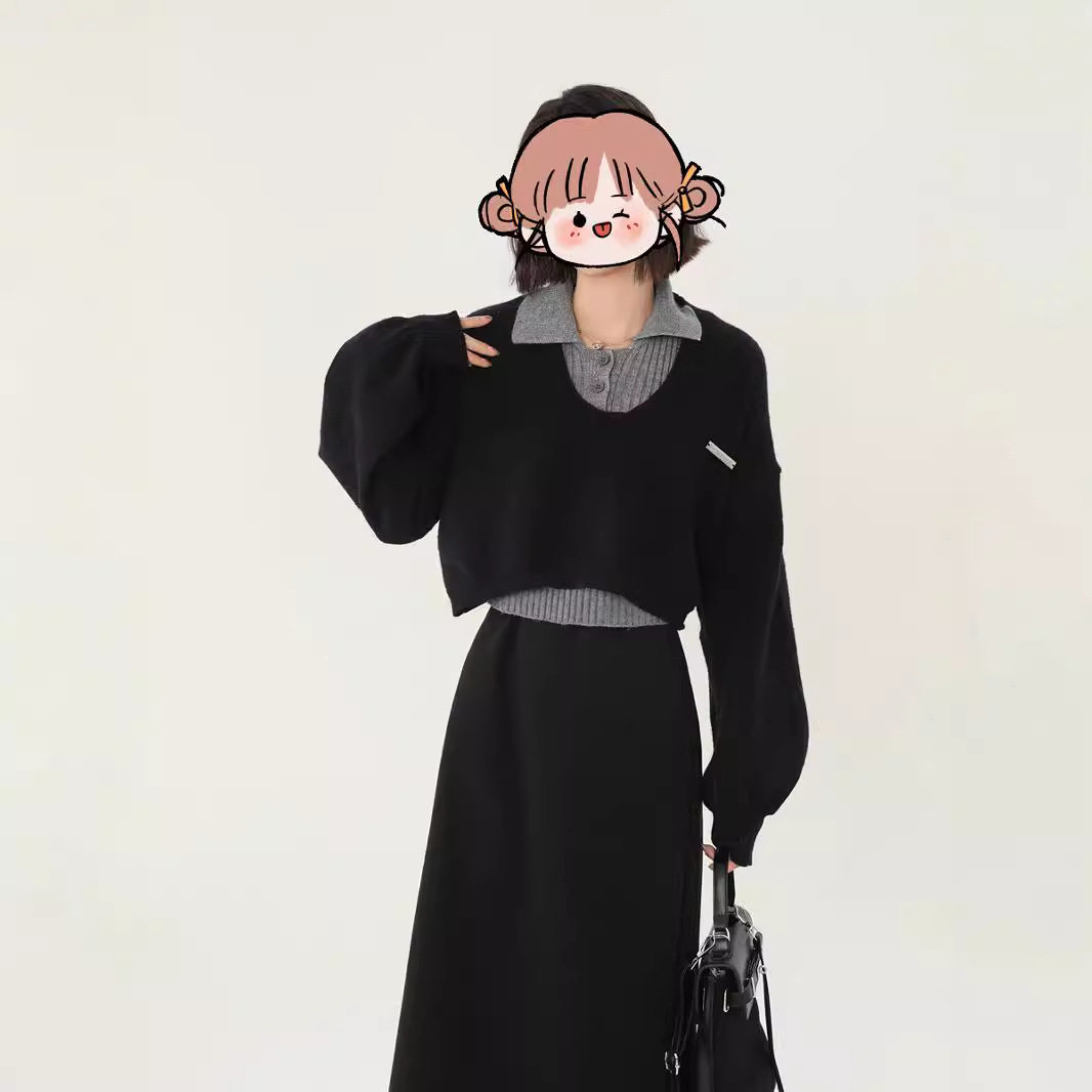 polo领针织衫两件套女秋冬25新款设计感撞色毛衣背心短款上衣长袖