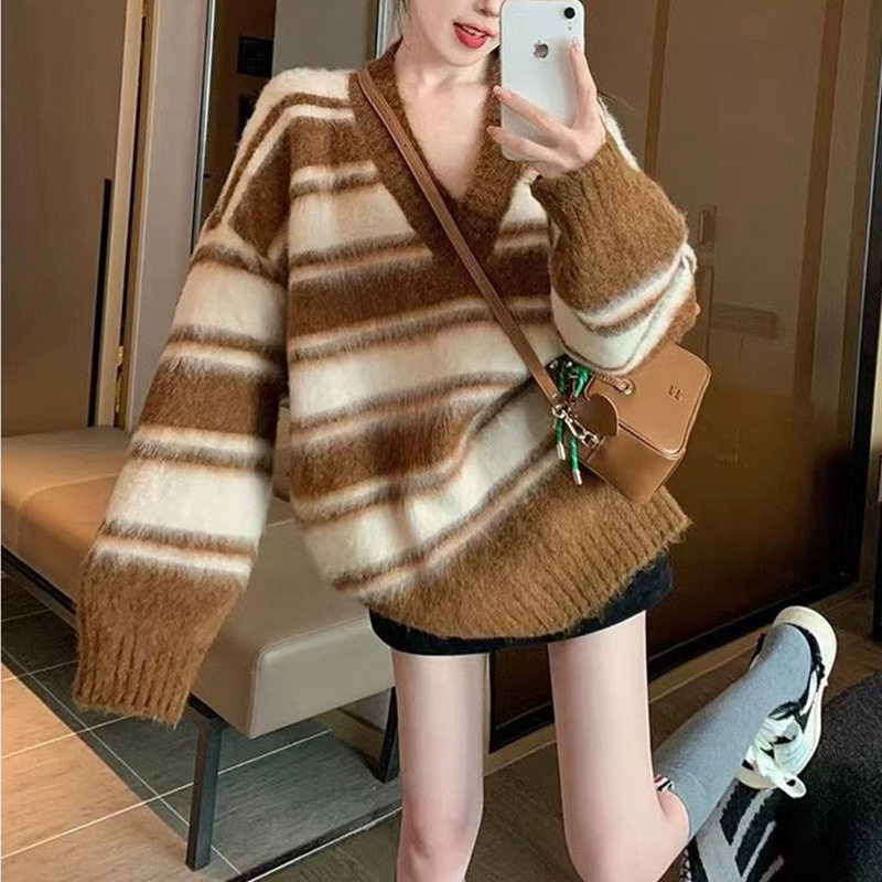 咖色条纹v领高级感毛衣女2025新款秋装跨境厚韩版复古套头针织衫