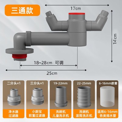 厨房下水b器三头通洗衣机延长管移水管排位道加长50三通分水热卖