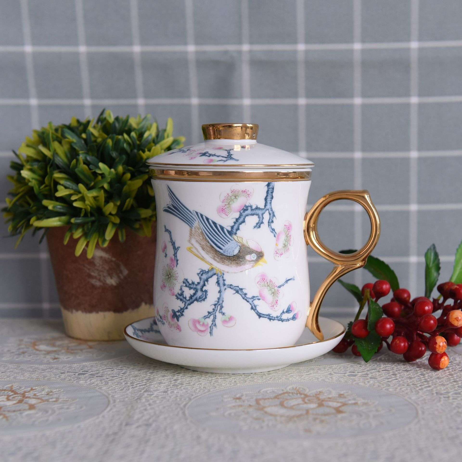 文创国潮带盖茶水陶瓷杯子大容量商务办公会议骨瓷茶漏盖杯