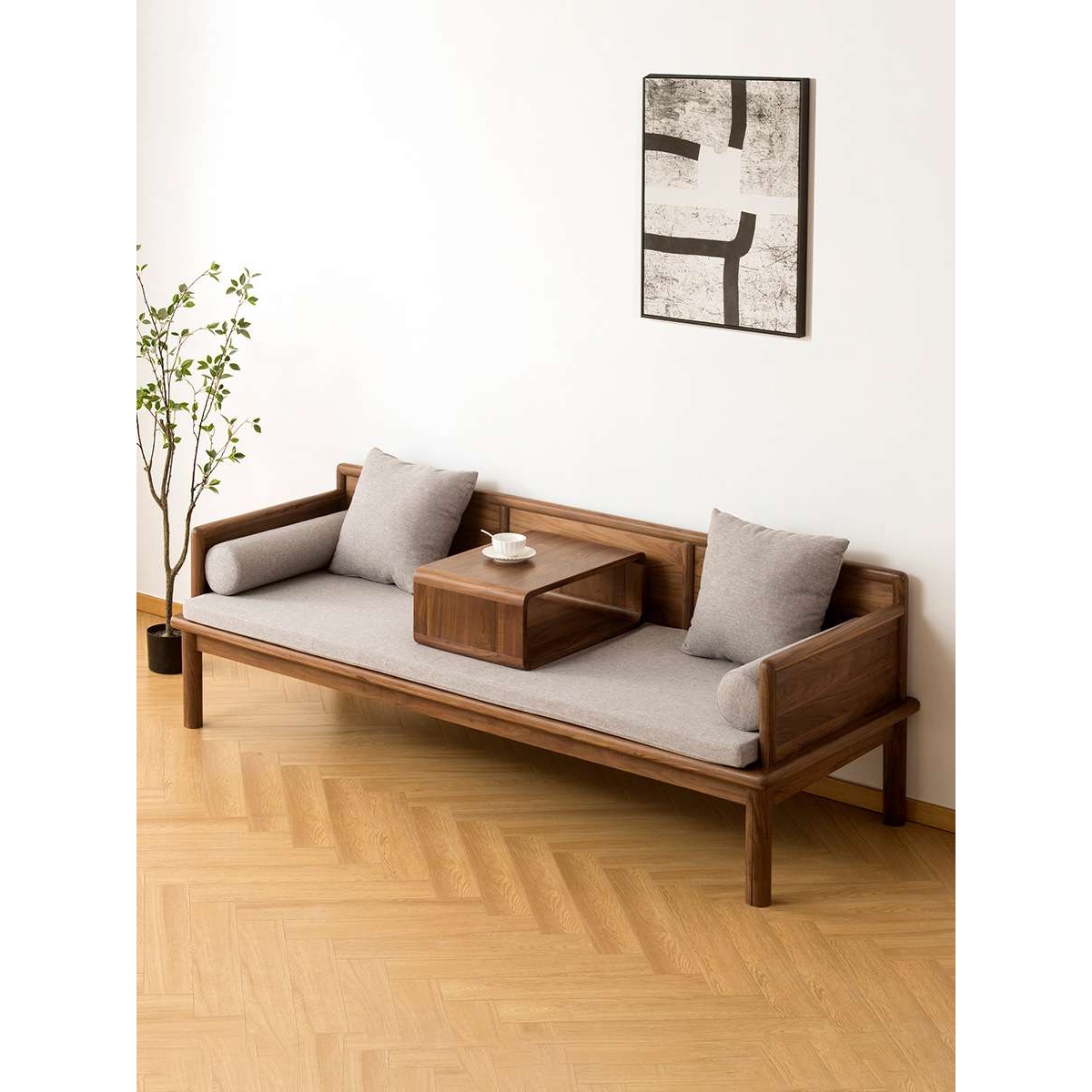 新中式黑胡桃木罗汉床简约白蜡实木伸缩沙发床小户型推拉禅意床榻