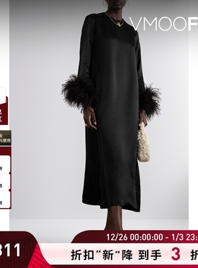 【折扣】Sleeper 女士羽毛缀饰兰精环生纤缎布超长连衣裙