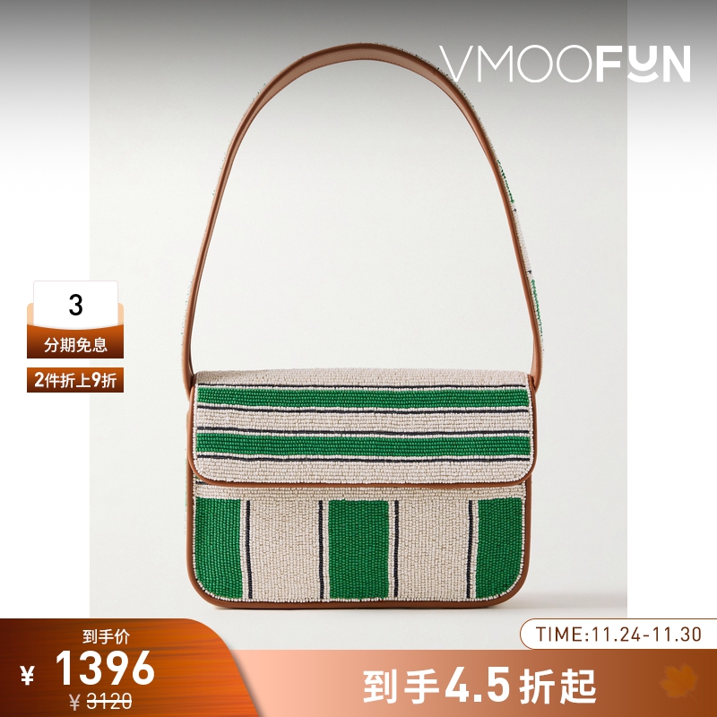 【折扣】STAUD女士珠饰条纹人造皮革边饰缎布单肩包