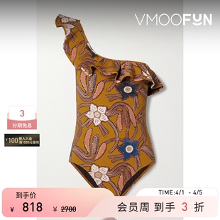 Ulla 春夏女单肩荷叶边花卉印花连体泳衣 Johnson