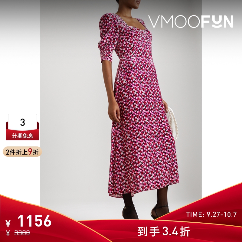 【折扣】Rixo  女花卉印花天鹅绒丝绒法式度假连衣裙