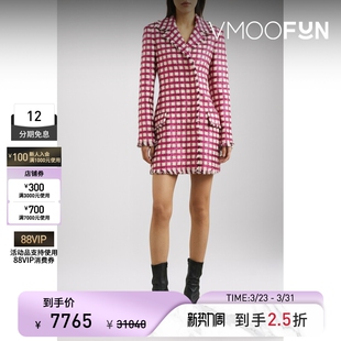 季 末折扣 Renta秋冬女毛边格纹羊毛桑蚕丝连衣裙 Oscar