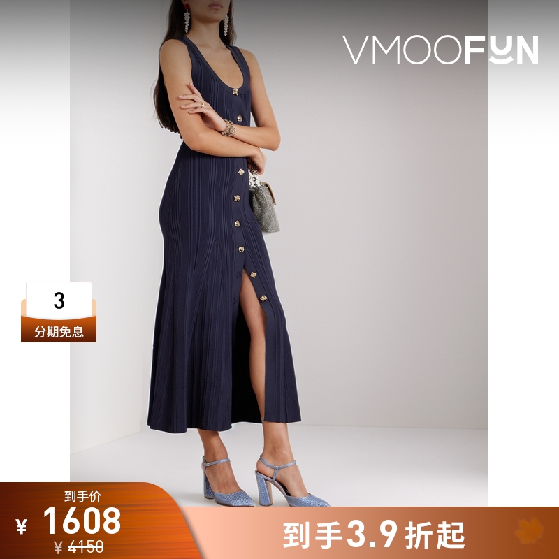 【折扣】Self-Portrait 秋冬女纽扣缀饰罗纹针织中长连衣裙