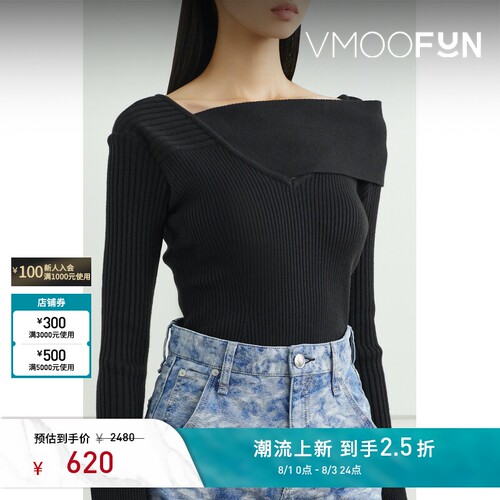 YCH 女秋冬不对称罗纹针织上衣