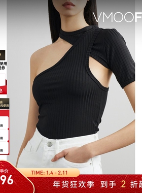 【折扣】RtA 女分层式挖剪单肩针织黑色上衣