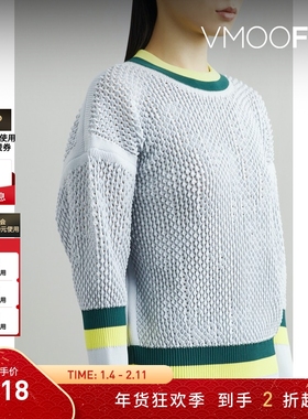 【折扣】CFCL 秋冬女士条纹嵌花挑窿针织毛衣