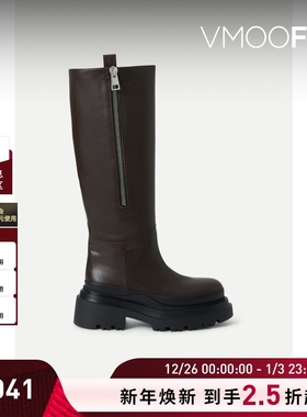 【折扣】PLAN C 秋冬女简约经典黑色皮革及膝长靴