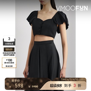 YCH 上衣 春夏女荷叶边黑色弹力针织短款