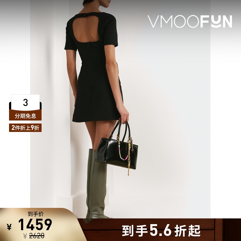 【折扣】STAUD 女黑色露背弹力双罗纹短款连衣裙