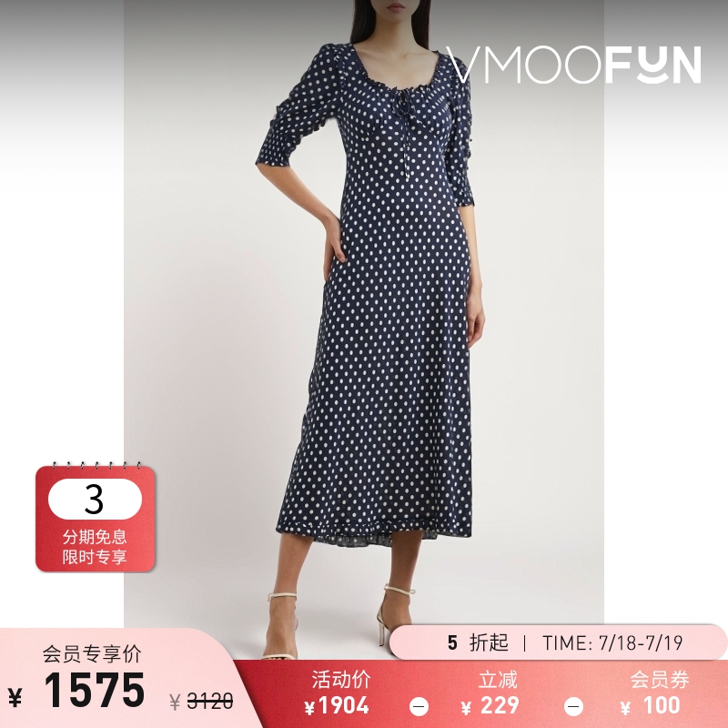 【折扣】RIXO女士露背波点平纹布中长连衣裙